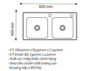 CHẬU RỬA CHÉN I-ROYAL 8245 2 HỘC CÂN INOX 304 ĐÚC IR-8245C 304