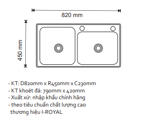 CHẬU RỬA CHÉN I-ROYAL 8245 2 HỘC CÂN CÓ CÀI DAO THỚT INOX 304 ĐÚC IR-8245DT 304