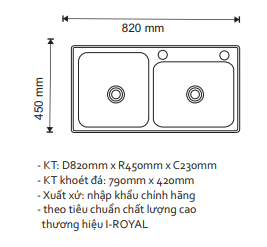 CHẬU RỬA CHÉN I-ROYAL 8245 2 HỘC LỆCH INOX 304 ĐÚC IR-8245L 304