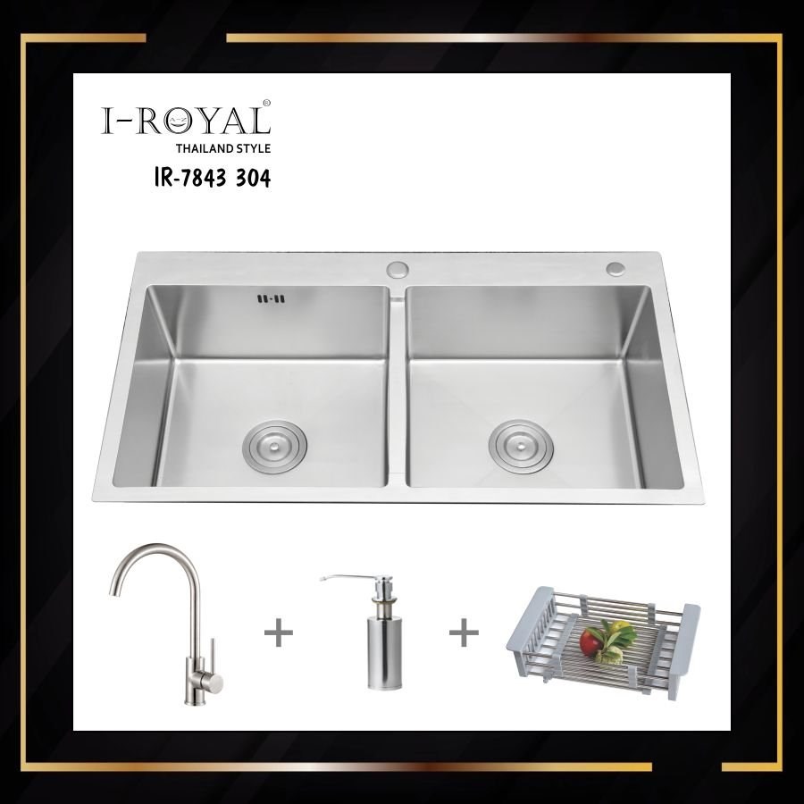 COMBO CHẬU RỬA CHÉN I-ROYAL 7843 2 HỘC CÂN INOX 304 ĐÚC IR-7843C 304