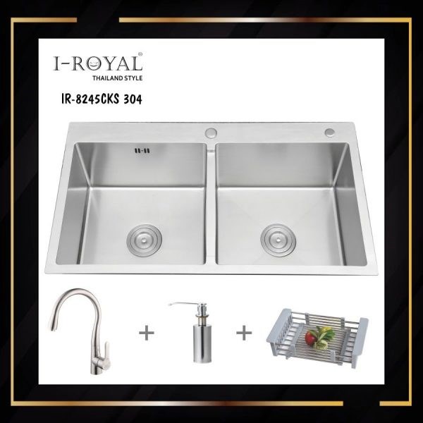 COMBO CHẬU RỬA CHÉN I-ROYAL 8245 2 HỘC CÂN INOX 304 ĐÚC KHÔNG SƠN IR-8245CKS 304