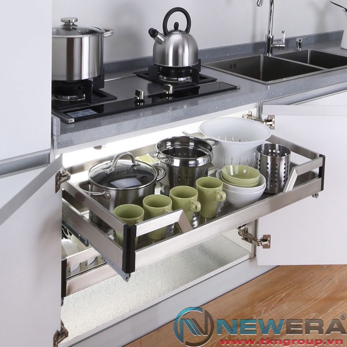 Giá xoong nồi inox đáy đặc âm tủ Cabinet Stainless Steel Pull-Out Basket for Pot/Pan with Solid Base