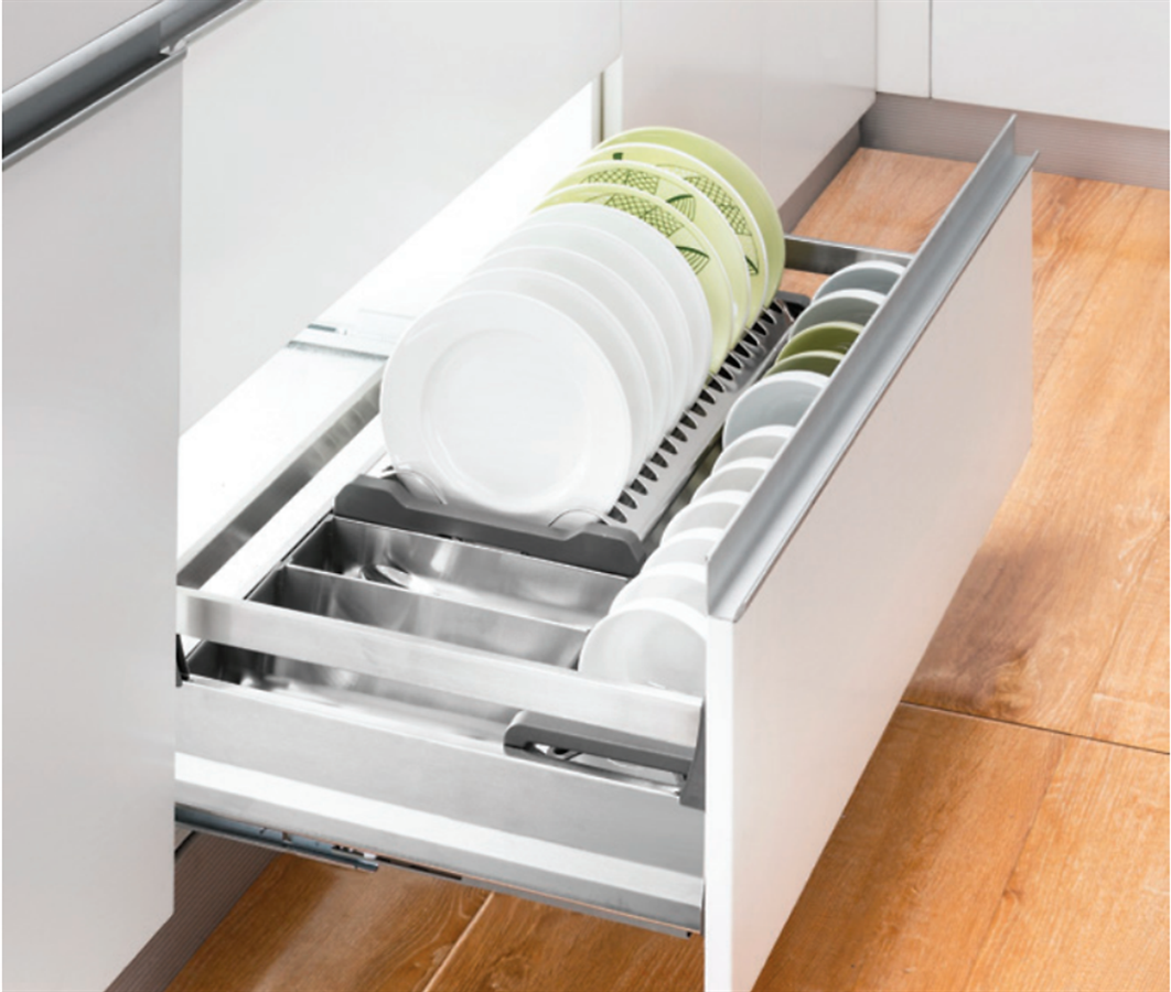 Giá bát đĩa inox đáy đặc gắn cánh Stainless Steel Pull-out Dish Rack with Solid Base and Wings attached